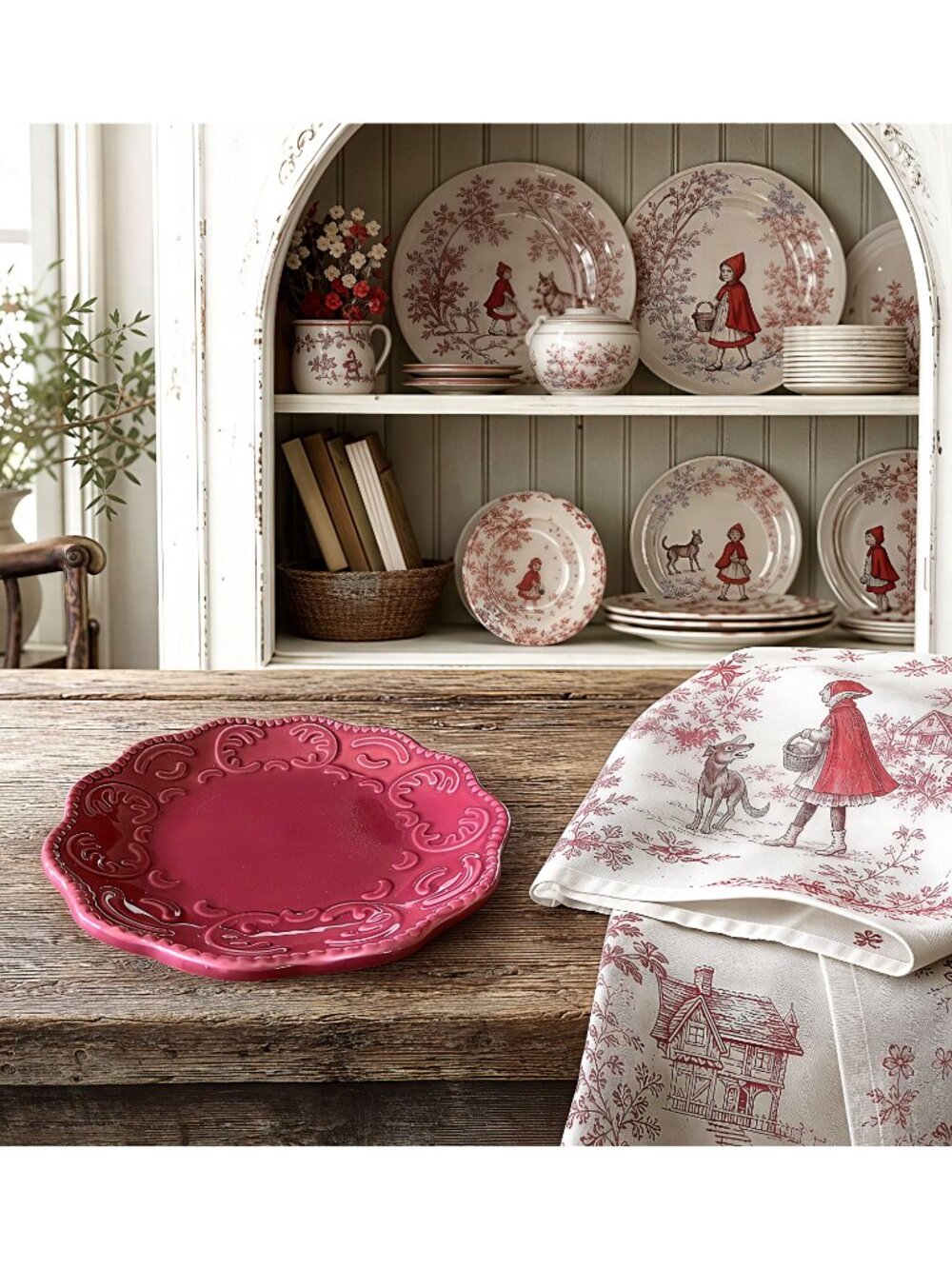Classic Ceramics Red Embossed Scroll Scalloped Dessert Plate 6"